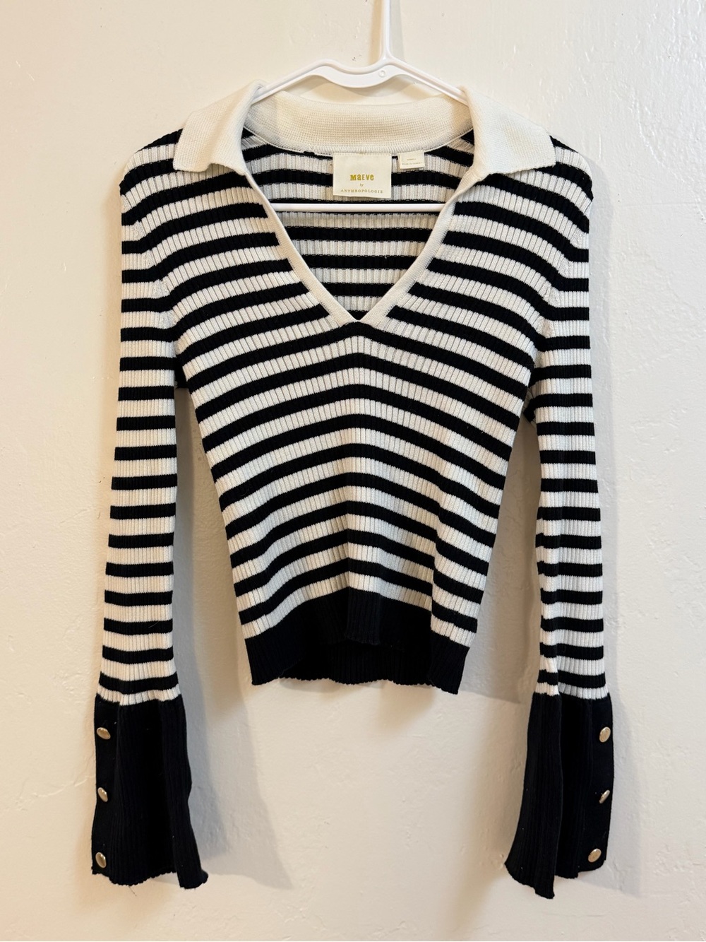 Anthropologie Black & White Striped Ribbed V‑Neck Sweater with Collar